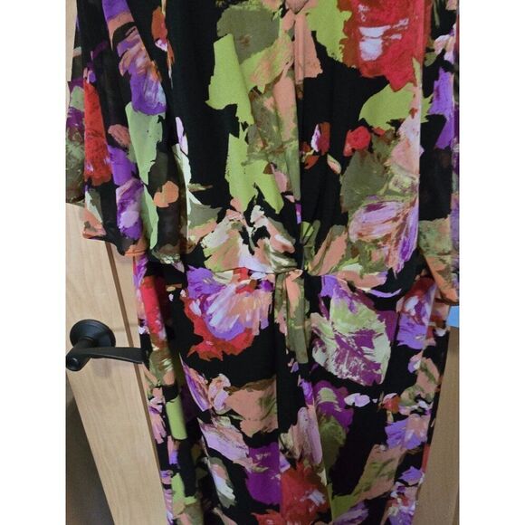 Floral multi color  Print V-Neck mock wrap Dress By London Times Woman 18W - Picture 5 of 7